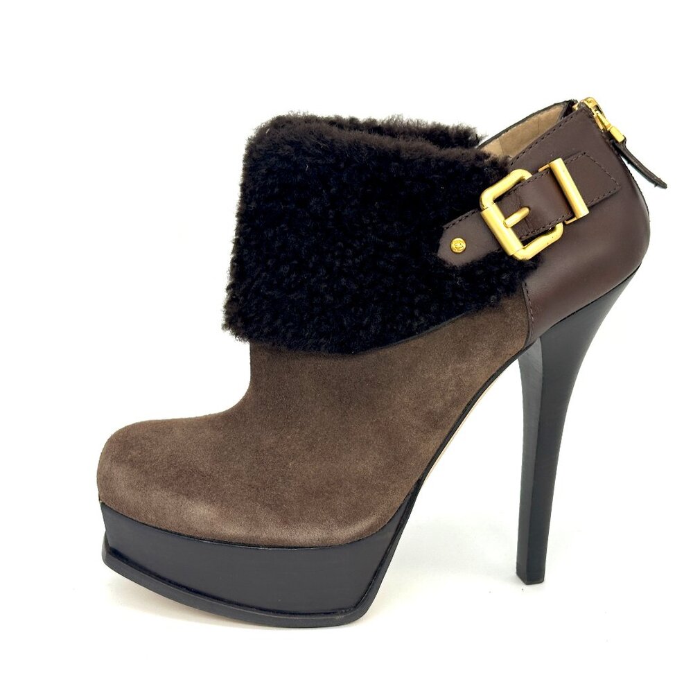 FENDI Fendista Shearling Fur Suede Buckle Platform Ankle Bootie Heels Boots - Picture 4 of 16